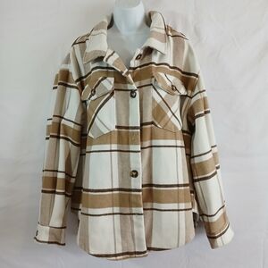 Love Tree Tan and Cream Plaid Utility Jacket Sz 1X Casual Cabin Work Outdoor